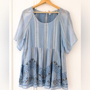 RAGA Blue Boho Embroidered Tunic Blouse Medium Metallic Stripe Beaded Top